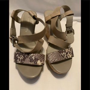PreOwned Franco Sarto Shania Cross Strap Snakeskin Accent Wedge Sandal